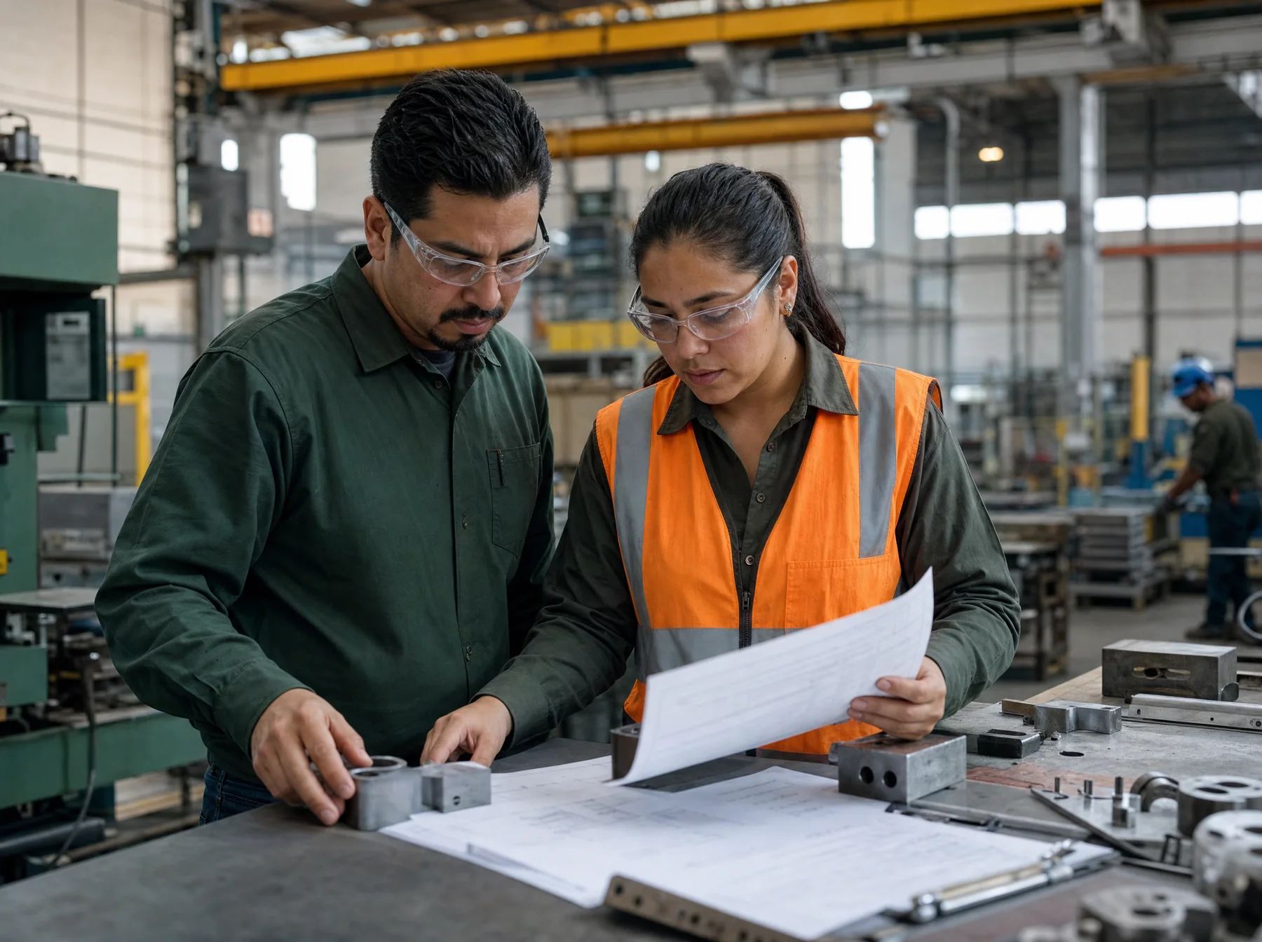 Equipo industrial revisando especificaciones y muestras en una planta mexicana